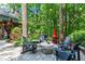 Beautifully landscaped backyard featuring a lovely stone patio with an outdoor fire pit at 4686 Buckskin Sw Trl, Lilburn, GA 30047