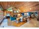 Cozy living room featuring wood paneled vaulted ceiling, stone fireplace, and built-in shelving at 1961 Luke Edwards Rd, Dacula, GA 30019