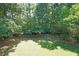 View of the spacious and grassy backyard surrounded by lush trees at 5176 Shotwell St, Woodstock, GA 30188