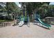Community playground with slides, climbing structures, picnic table and benches surrounded by mature trees at 5176 Shotwell St, Woodstock, GA 30188
