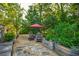 Inviting backyard with stone pathway, red umbrella and patio furniture, surrounded by mature trees and landscaping at 4442 Academy St, Acworth, GA 30101