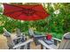 Backyard patio with comfortable seating and a red umbrella, ideal for relaxing and entertaining at 4442 Academy St, Acworth, GA 30101