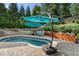 Backyard pool surrounded by comfortable outdoor seating, shade umbrellas, and professional landscaping at 6430 Banbury Se Ct, Mableton, GA 30126