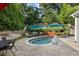 Backyard pool surrounded by comfortable outdoor seating, shade umbrellas, and professional landscaping at 6430 Banbury Se Ct, Mableton, GA 30126