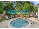 Backyard oasis featuring a kidney-shaped pool, patio furniture under umbrellas, and lush landscaping for ultimate relaxation at 6430 Banbury Se Ct, Mableton, GA 30126