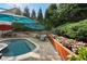 Backyard pool surrounded by comfortable outdoor seating, shade umbrellas, and professional landscaping at 6430 Banbury Se Ct, Mableton, GA 30126