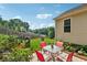 Backyard has a grassy lawn, table and chairs, flowers and shrubbery, and a chain link fence at 672 Victorian Cir, Dallas, GA 30157