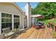 Outdoor deck featuring wood flooring, chairs, table, grill and lush greenery, creating an inviting outdoor space at 672 Victorian Cir, Dallas, GA 30157