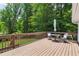 Relax on this outdoor deck, perfect for entertaining, with table, umbrella and chairs overlooking the lush green landscape at 230 Thistlewood Ln, Roswell, GA 30075