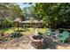 Spacious backyard featuring a playset, fire pit, patio furniture, and well-maintained lawn at 4138 Hickory Dr, Powder Springs, GA 30127