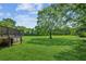 Expansive backyard with mature trees and a view of the above-ground pool from the back deck at 60 Boardwalk Ave, Covington, GA 30016
