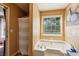 Bathroom featuring a bathtub with jets and a window overlooking green space at 60 Boardwalk Ave, Covington, GA 30016