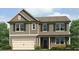 Charming two-story home with gray siding, shutters, and a welcoming front porch and attached two car garage at 904 Sundown Pt, Villa Rica, GA 30180