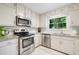 Kitchen features stainless steel appliances, granite countertops, subway tile backsplash and white cabinetry at 162 Nouveau Sw Ct, Lilburn, GA 30047