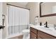 Bathroom with a shower featuring modern hardware, and a granite vanity at 290 Prescott Dr, Acworth, GA 30101