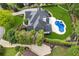 An aerial view showcases a stunning home with a private pool, lush landscaping, and backyard at 6455 Darely Ct, Cumming, GA 30040