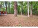 Large, lush backyard surrounded by mature trees and a wooden fence, with play set in the distance at 9025 Huntwood Ln, Riverdale, GA 30274