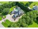 Aerial view of a large home and in-ground pool surrounded by lush green landscaping and mature trees at 2871 Hosch Valley Rd, Buford, GA 30519