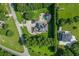Aerial view of a large home and in-ground pool surrounded by lush green landscaping and mature trees at 2871 Hosch Valley Rd, Buford, GA 30519