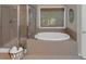 Luxurious main bathroom with a soaking tub, walk-in shower, and elegant tile at 3123 Wolf Club Dr. Sw, Atlanta, GA 30349