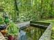Backyard view of a koi pond surrounded by potted plants at 5020 Bayberry Dr, Cumming, GA 30040