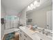 Bathroom featuring double sinks with modern fixtures, a large mirror, and a shower with glass doors at 740 Paris Dr, Lawrenceville, GA 30043