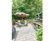 Backyard deck featuring outdoor seating, shade umbrella, and greenery at 227 Bennett Farms Trl, Acworth, GA 30102