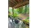 Outdoor patio view looking out to backyard featuring nice plantings and a greenhouse near the woods at 227 Bennett Farms Trl, Acworth, GA 30102