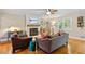 Bright living room featuring hardwood floors, a fireplace, and comfortable seating arrangement at 207 Lees Lake Rd, Fayetteville, GA 30214