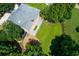 Aerial view of a well-maintained backyard featuring a lush lawn, patio, and landscaped garden, perfect for outdoor enjoyment at 360 Hannaford Dr, Roswell, GA 30075