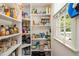 Well-stocked pantry with organized shelving and a window, offering ample storage space at 186 Fernleaf Lane Ln, Marietta, GA 30068