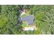 Aerial shot showcasing a home nestled among mature trees with a long drive and swimming pool at 10560 Haynes Bridge Rd, Alpharetta, GA 30022