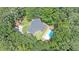 Overhead view of a home with a pool, backyard, and winding drive, surrounded by lush greenery at 10560 Haynes Bridge Rd, Alpharetta, GA 30022