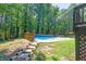 Picturesque backyard with a sparkling swimming pool, wooden steps, and lush green lawn at 10560 Haynes Bridge Rd, Alpharetta, GA 30022