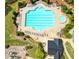 Aerial view of a large community pool with ample seating, playground and well-manicured landscaping at 424 Citronelle Dr, Woodstock, GA 30188