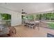 Relaxing back porch with outdoor seating, a dining table, and scenic views of the backyard at 5055 Southland Dr, Woodstock, GA 30188