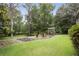 Landscaped backyard with stone fire pit, seating, and relaxing swing at 1054 Foreststone Sw Way, Marietta, GA 30064