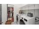 Laundry room with modern washer and dryer, shelving, and a view of a walk-in closet at 4720 Down Setting Rd, Cumming, GA 30028