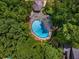 An aerial shot showcases a sparkling community pool with lounge chairs, shaded by mature trees at 2703 Country Park Dr, Smyrna, GA 30080
