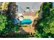 Aerial view of backyard oasis with in-ground pool and patio seating at 830 Club Chase Ct, Roswell, GA 30076
