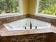 Corner jetted tub with brick-style tile surround, and a garden view at 4185 Lenox Park Dr, Buford, GA 30519