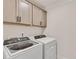 Laundry room features front load washer, dryer, and overhead cabinets at 1611 Alcovy Station Rd, Covington, GA 30014