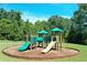 A fun playground area surrounded by green grass with slides and climbing structures, perfect for children at 7410 Ansley View Ln, Cumming, GA 30028