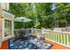 Outdoor deck perfect for entertaining, with a table, chairs, and view of the backyard at 120 Ashewoode Downs Ln, Alpharetta, GA 30005