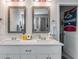 Modern bathroom with double vanity and gray countertop at 525 Clinton Dr, Temple, GA 30179