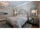 Luxurious main bedroom features decorative mirrors, accent lighting, hardwood floors and crystal chandelier at 101 Morgan Ln, Canton, GA 30115