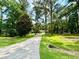 View of the home's long driveway, surrounded by mature trees and a lush green lawn at 125 Cannongate Cir, Sharpsburg, GA 30277