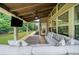 Well-appointed patio with comfortable seating area, ceiling fan, and manicured lawn in backyard setting at 4435 Manor Creek Dr, Cumming, GA 30040
