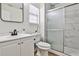 Clean bathroom showcasing a vanity with modern fixtures and a tiled shower with glass door at 3915 Basil Sw Way, Atlanta, GA 30331