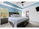 Primary bedroom with a large bed, blue accent wall, and en-suite bath access at 5780 Winding Lakes Dr, Cumming, GA 30028
